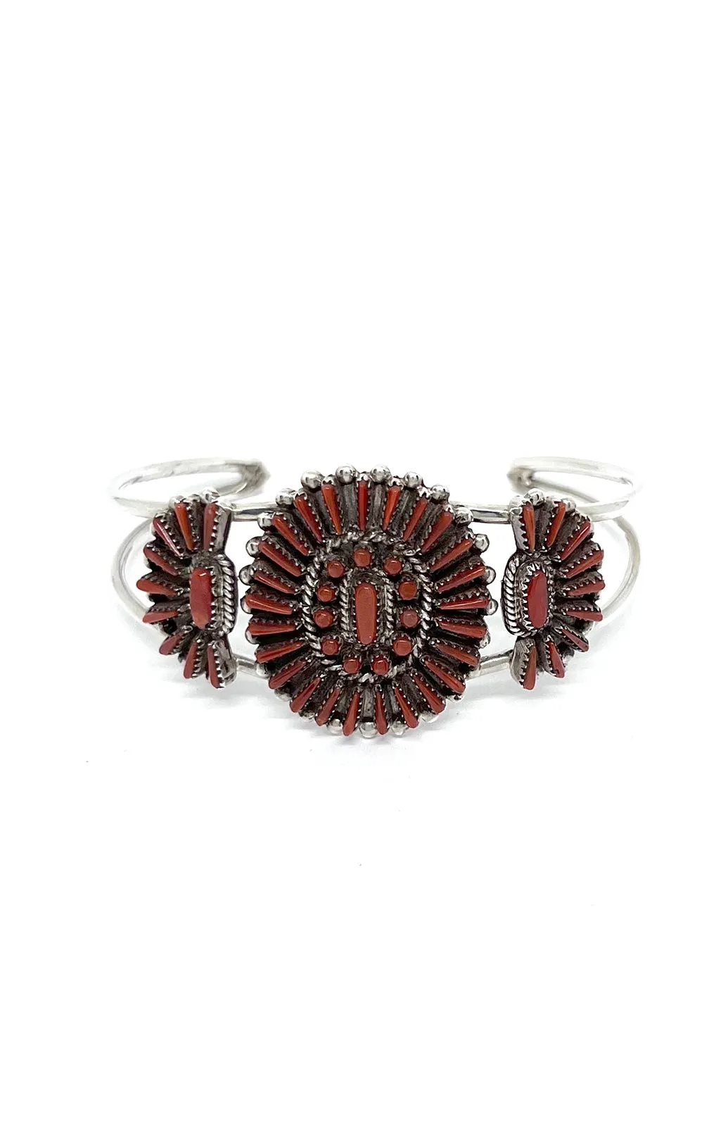 Zuni Red Coral Needlepoint Cluster Cuff Bracelet