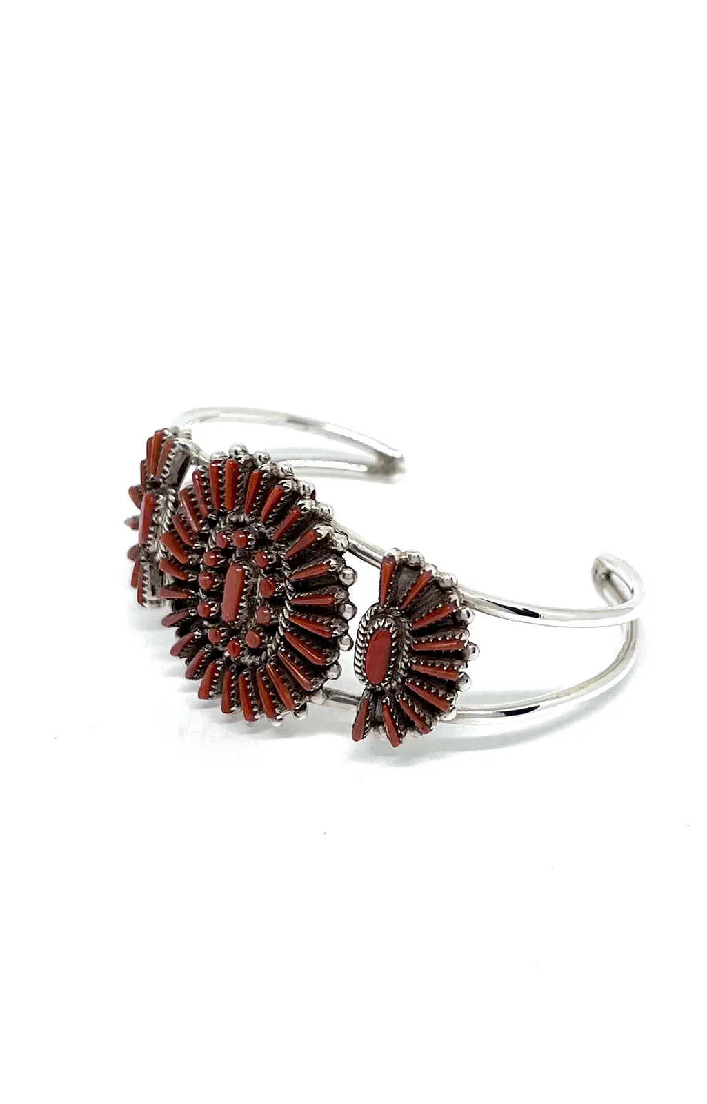 Zuni Red Coral Needlepoint Cluster Cuff Bracelet